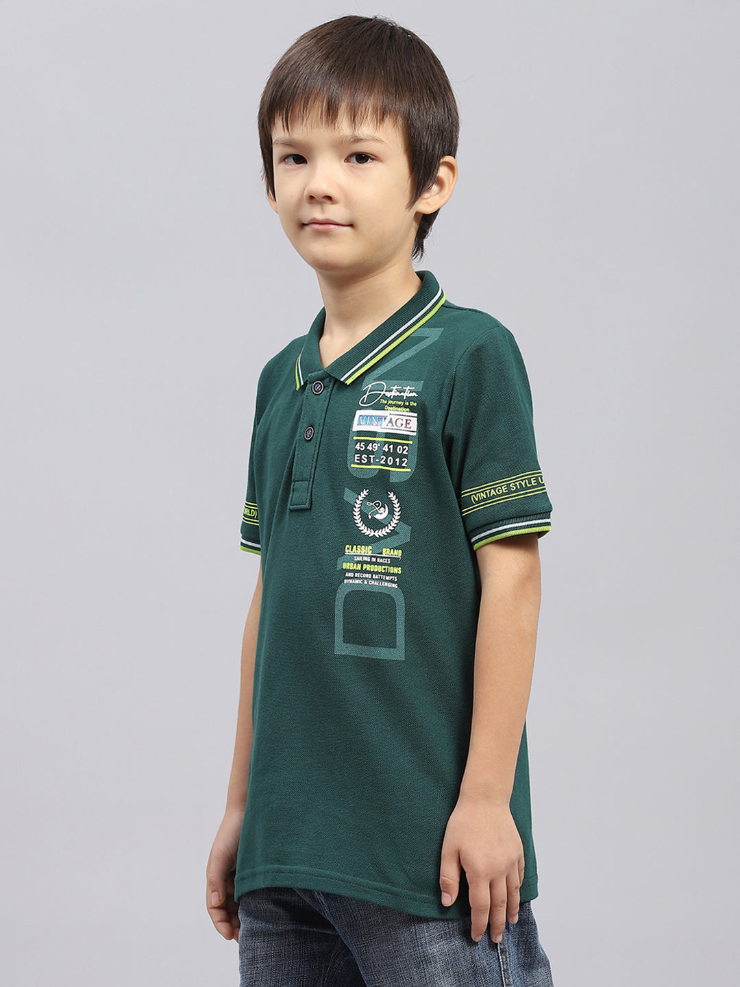 Boys Green Printed Collar Half Sleeve T-Shirt