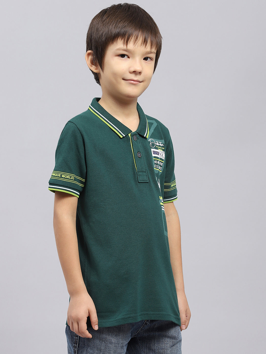 Boys Green Printed Collar Half Sleeve T-Shirt