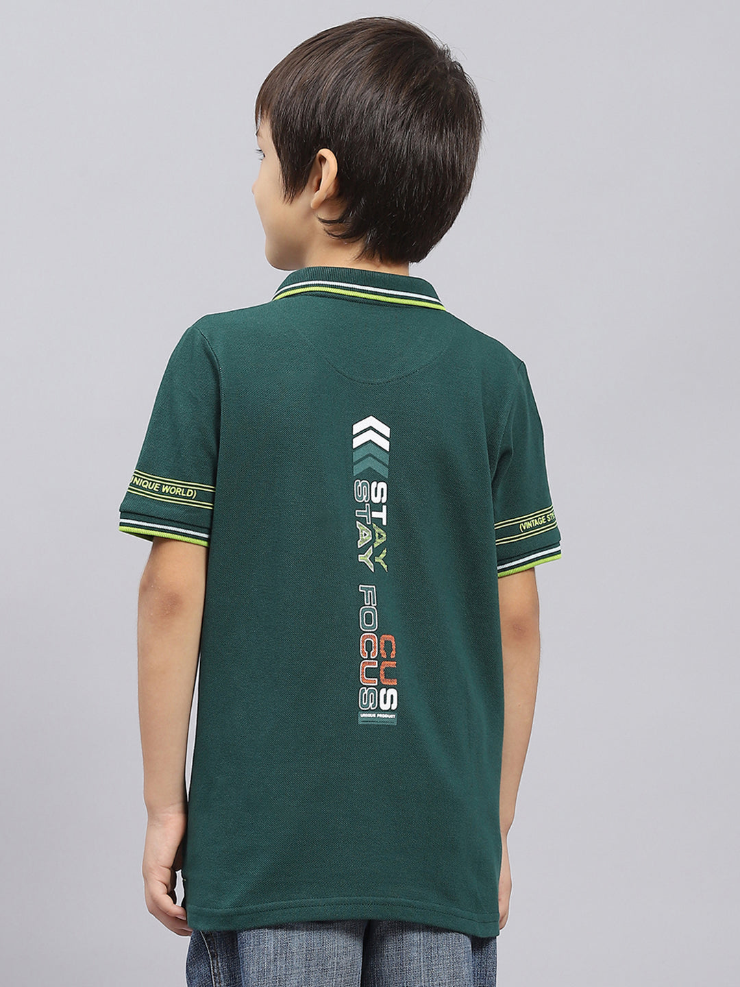 Boys Green Printed Collar Half Sleeve T-Shirt