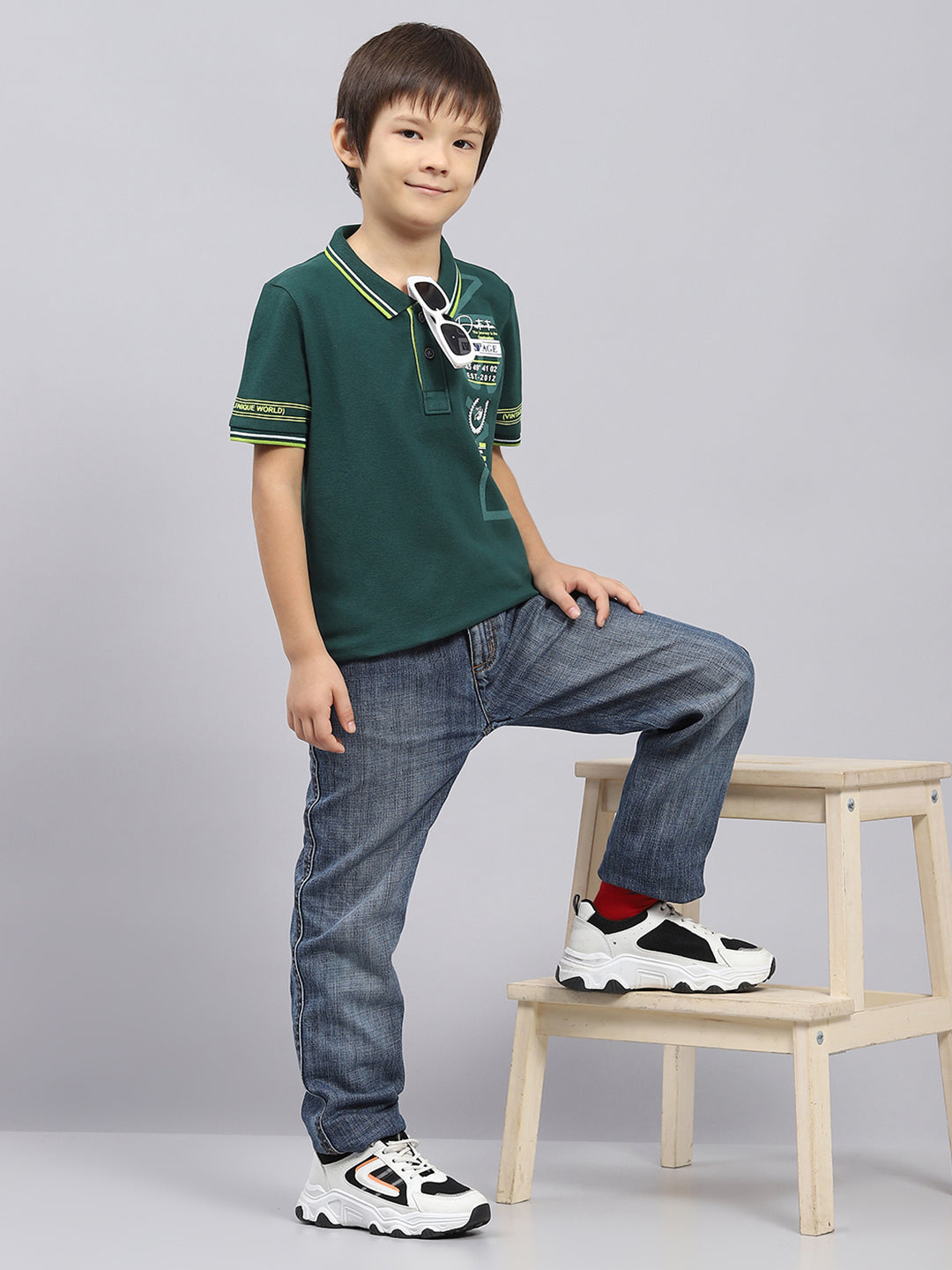 Boys Green Printed Collar Half Sleeve T-Shirt