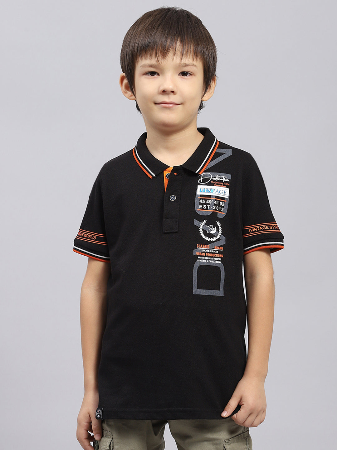 Boys Black Printed Collar Half Sleeve T-Shirt