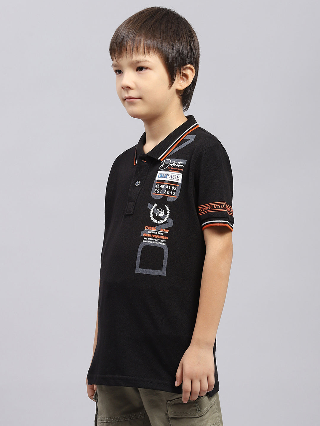 Boys Black Printed Collar Half Sleeve T-Shirt