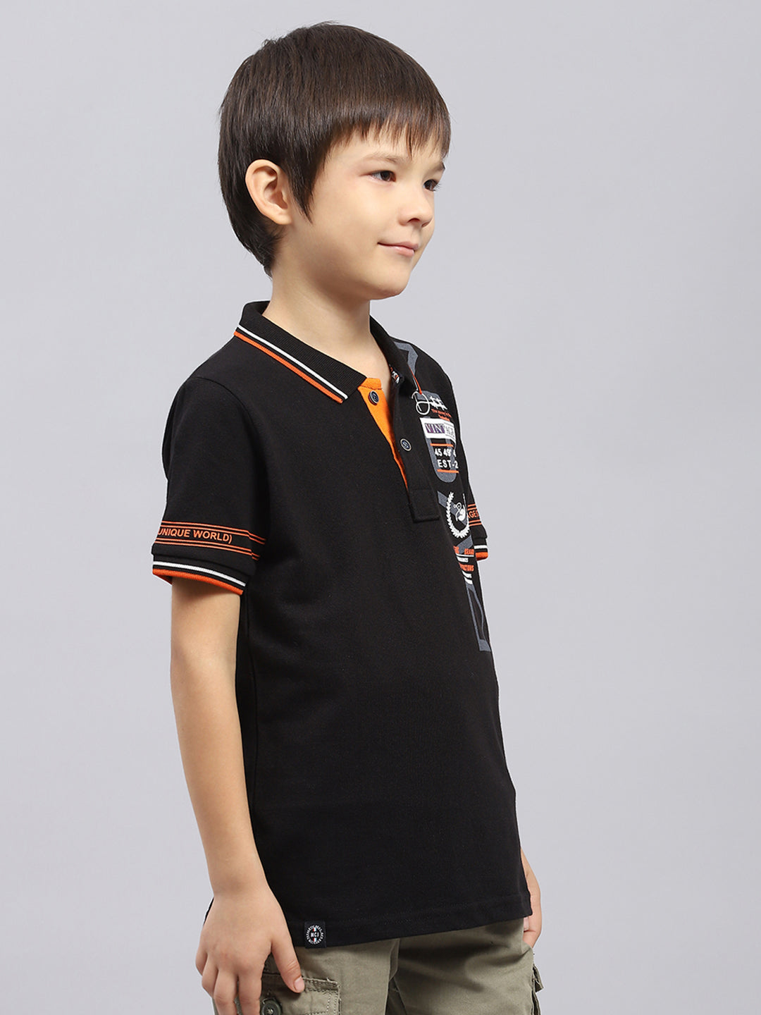 Boys Black Printed Collar Half Sleeve T-Shirt