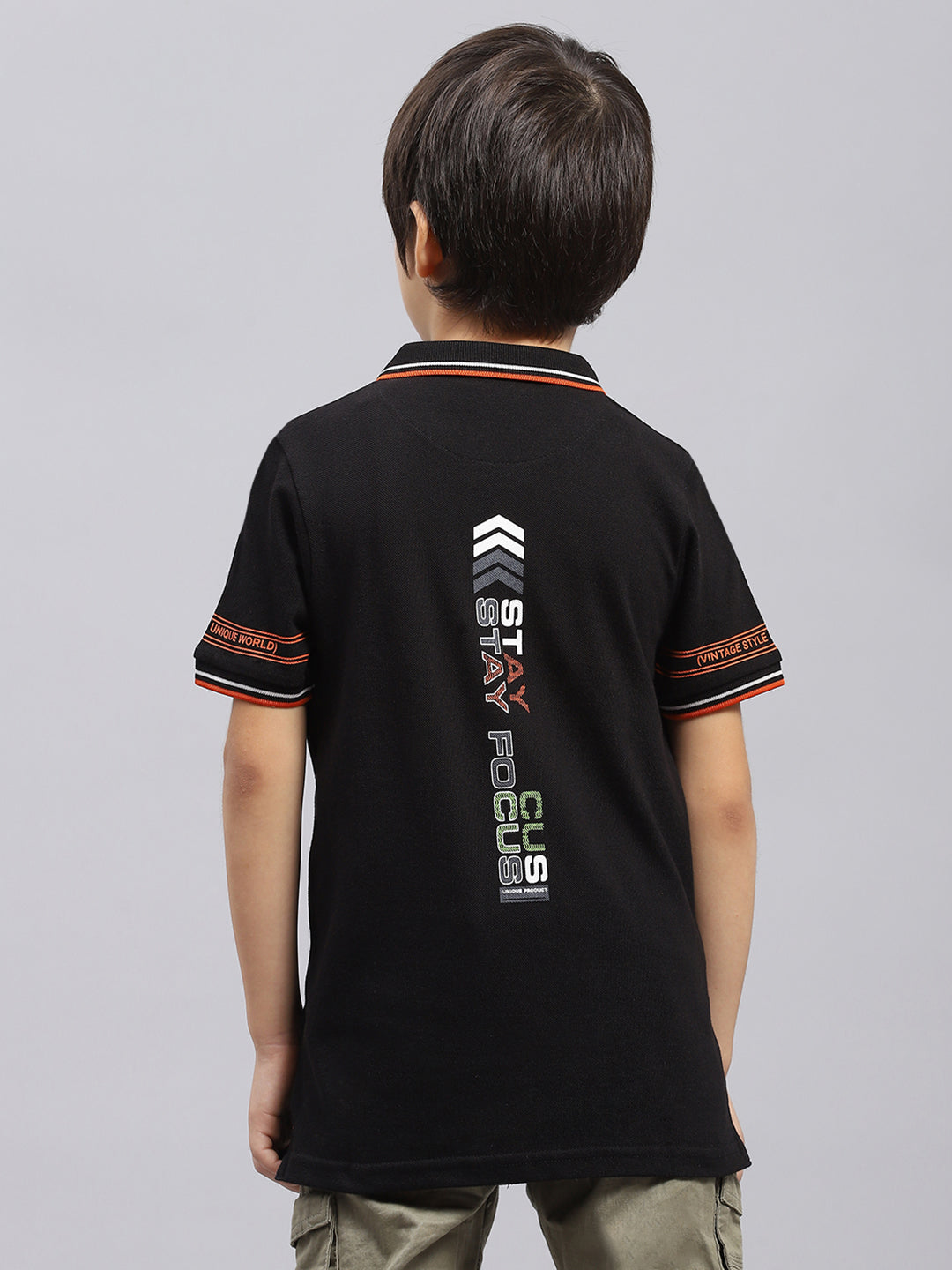 Boys Black Printed Collar Half Sleeve T-Shirt