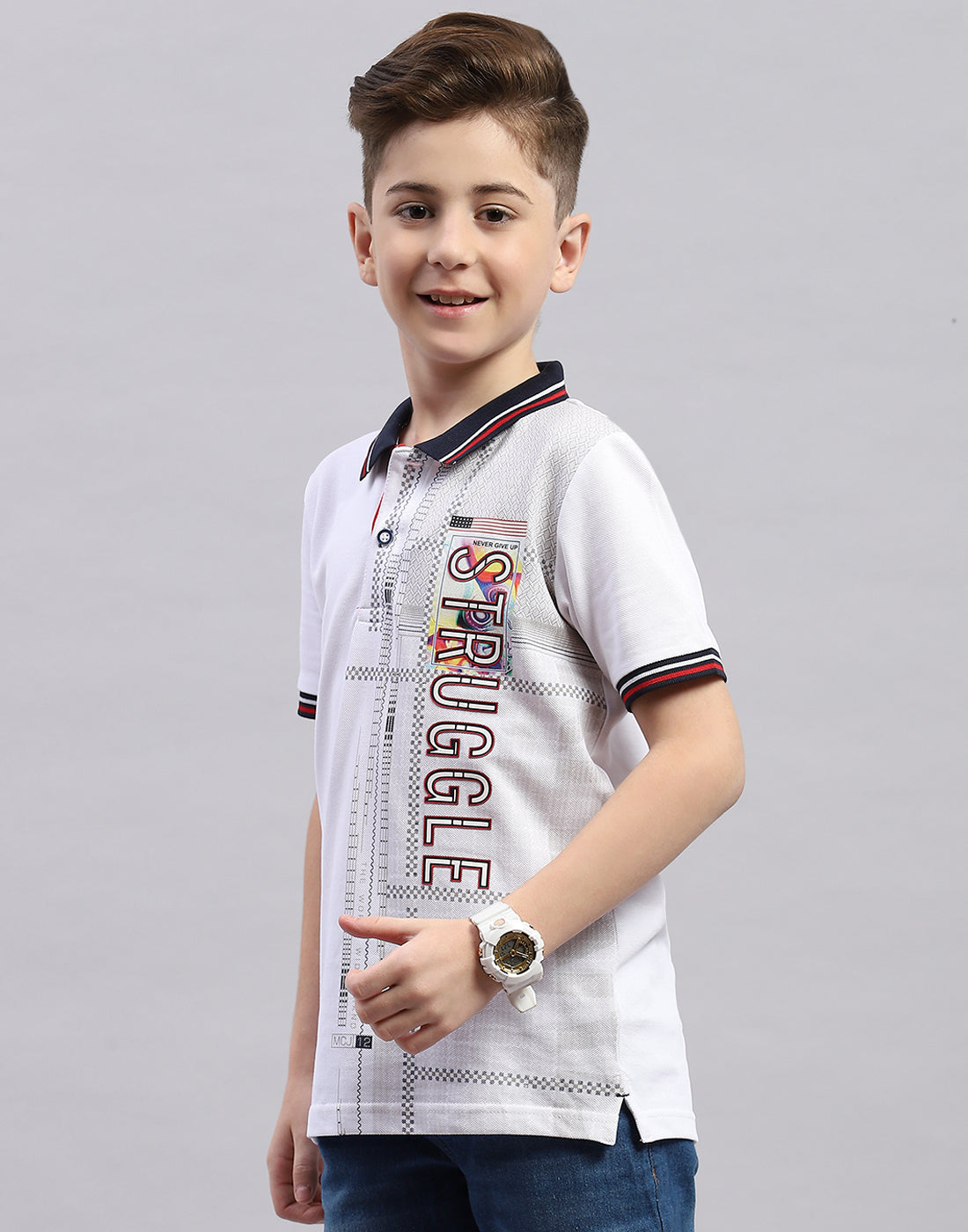 Boys White Printed Polo Collar Half Sleeve T-Shirt