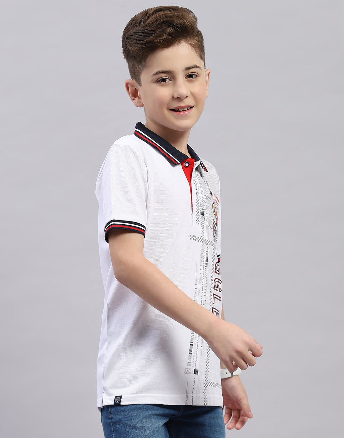 Boys White Printed Polo Collar Half Sleeve T-Shirt