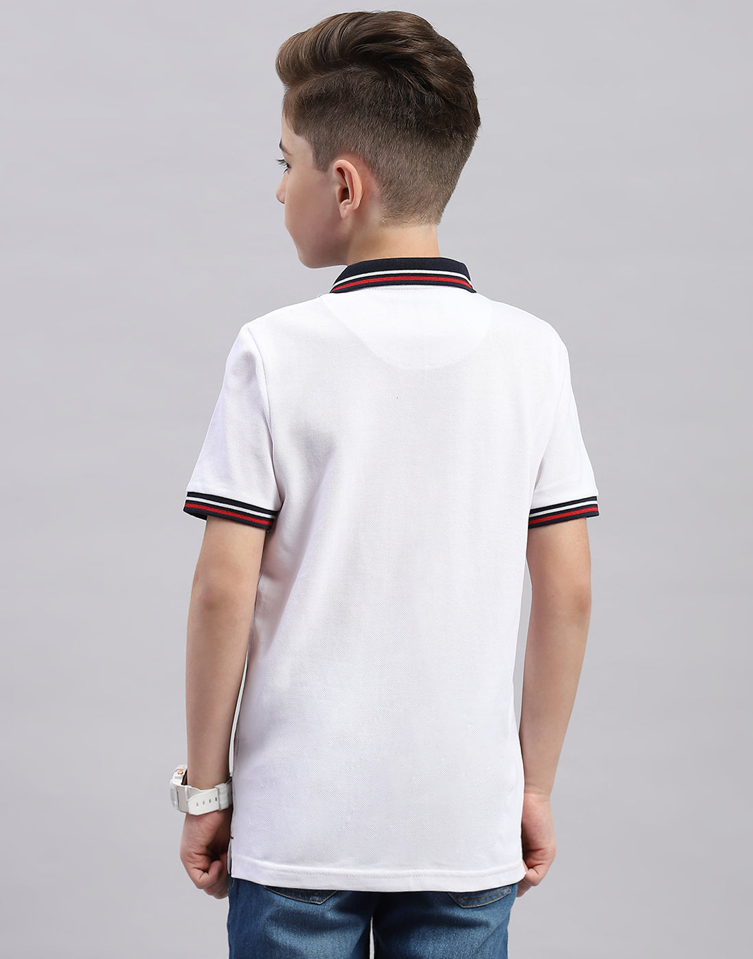 Boys White Printed Polo Collar Half Sleeve T-Shirt