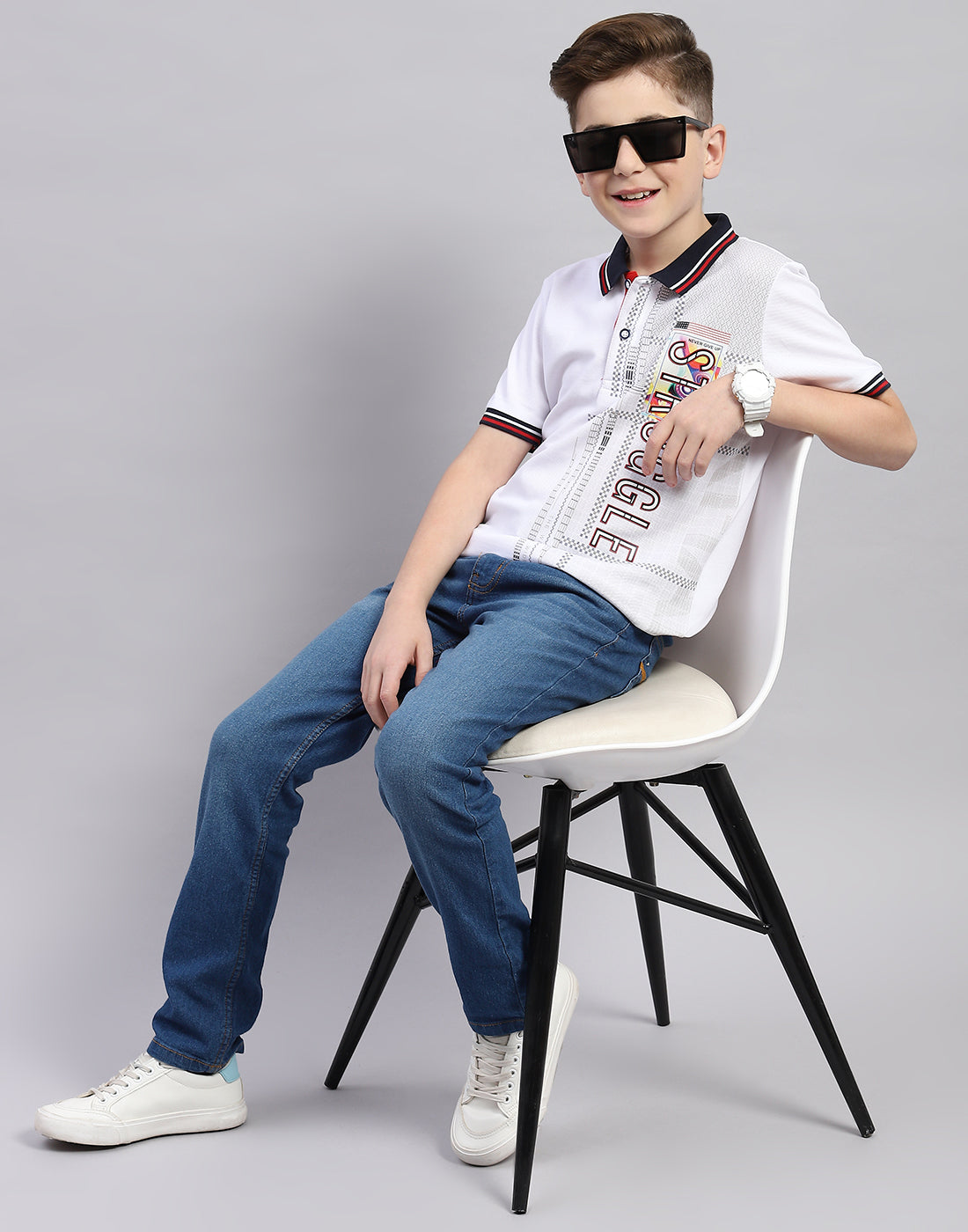 Boys White Printed Polo Collar Half Sleeve T-Shirt