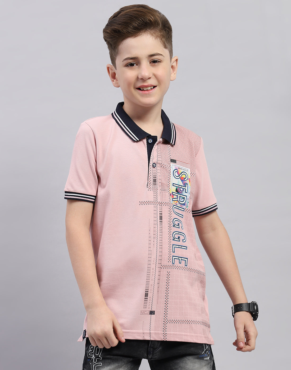 Boys Pink Printed Polo Collar Half Sleeve T-Shirt