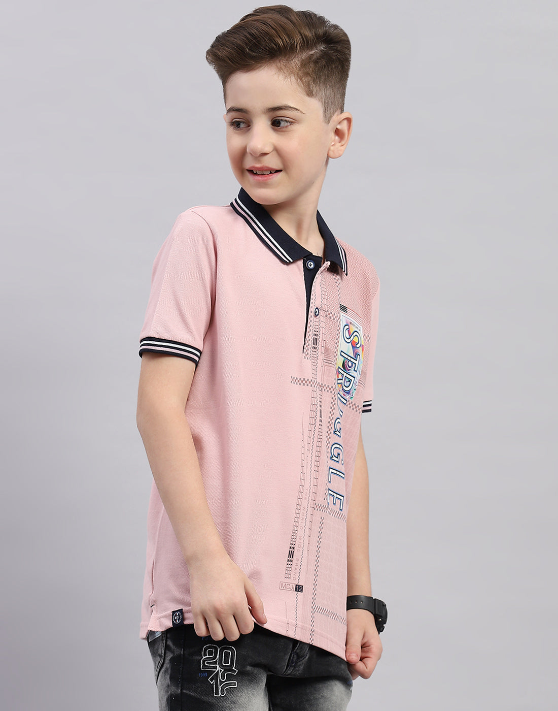 Boys Pink Printed Polo Collar Half Sleeve T-Shirt