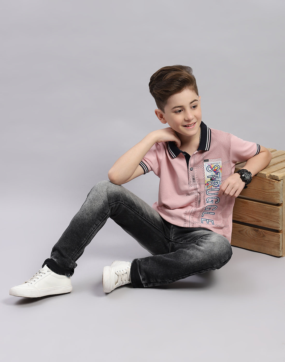 Boys Pink Printed Polo Collar Half Sleeve T-Shirt