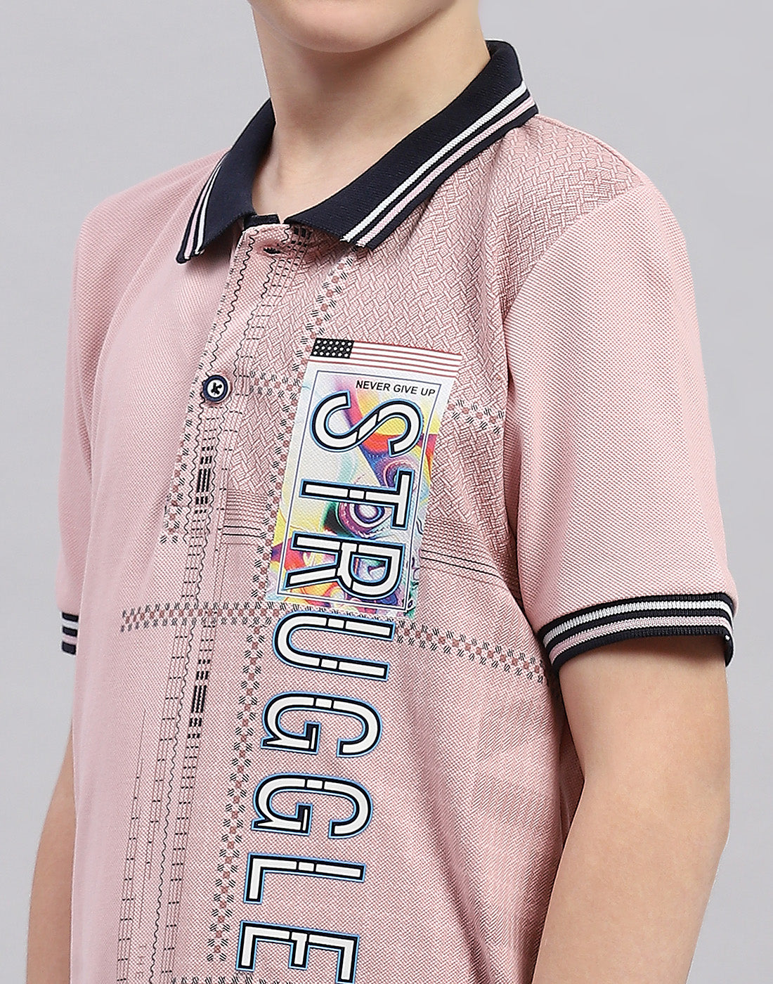 Boys Pink Printed Polo Collar Half Sleeve T-Shirt