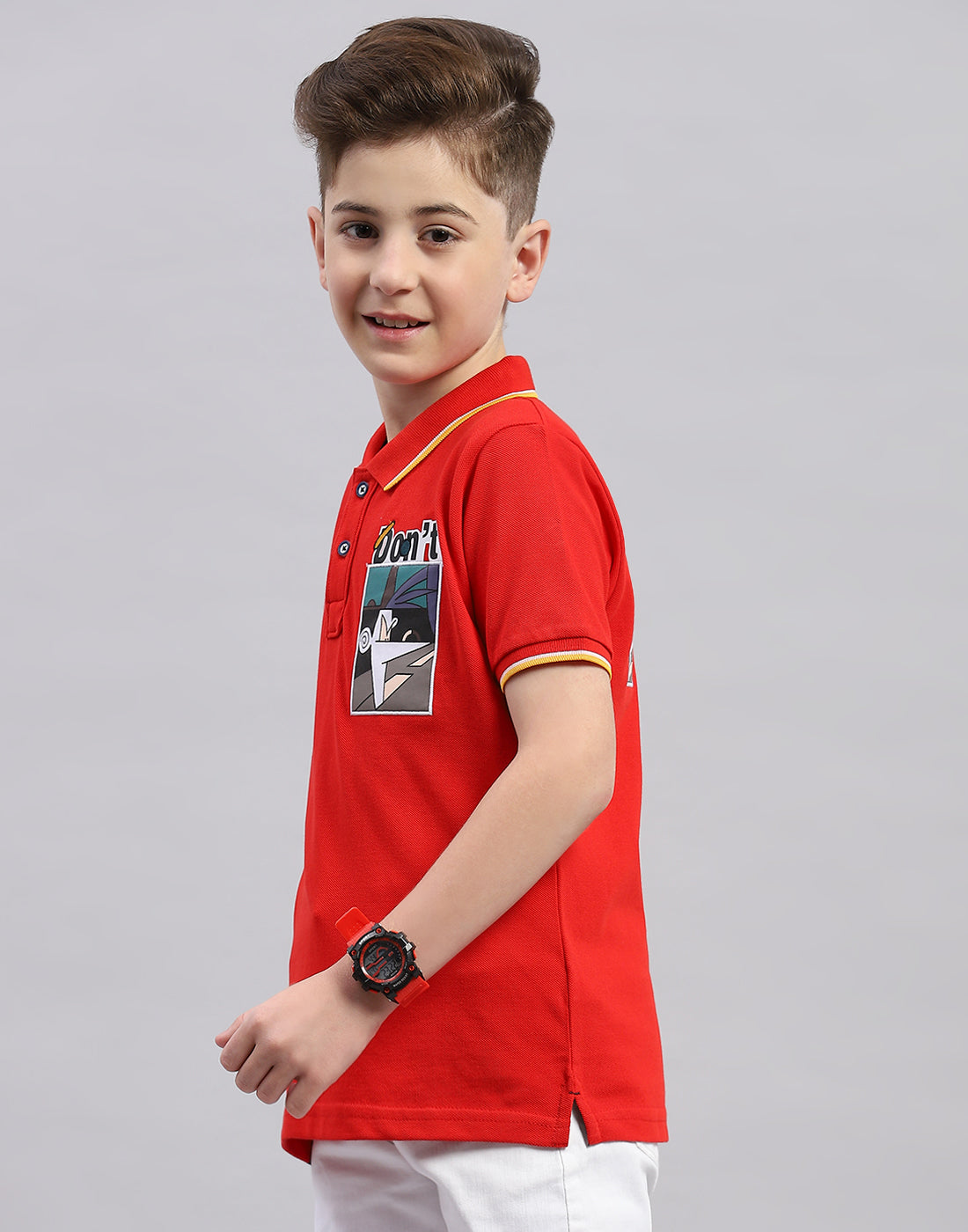 Boys Red Printed Polo Collar Half Sleeve T-Shirt