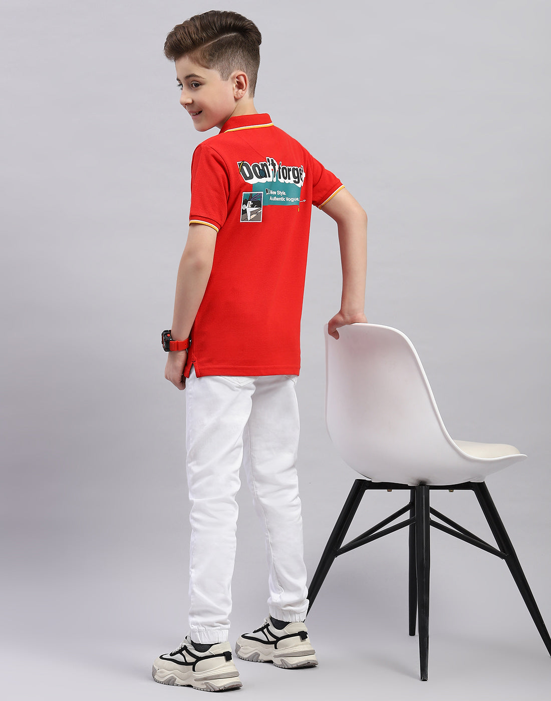 Boys Red Printed Polo Collar Half Sleeve T-Shirt