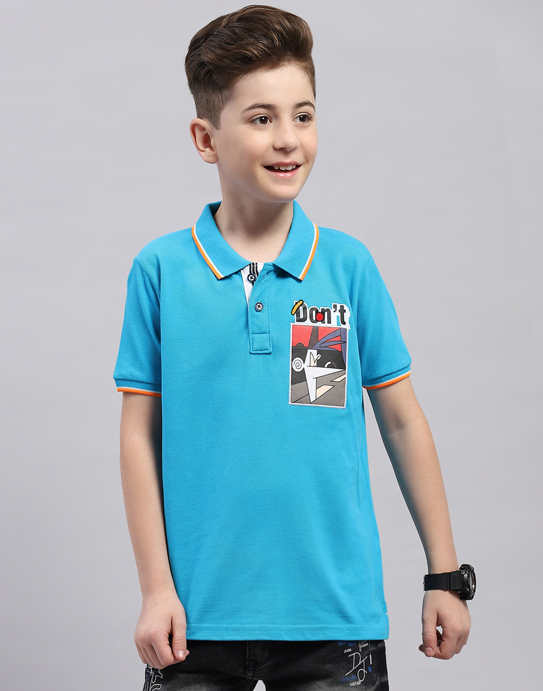 Boys Blue Printed Polo Collar Half Sleeve T-Shirt