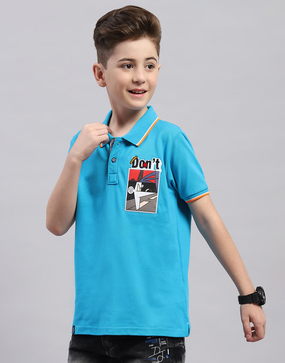 Boys Blue Printed Polo Collar Half Sleeve T-Shirt