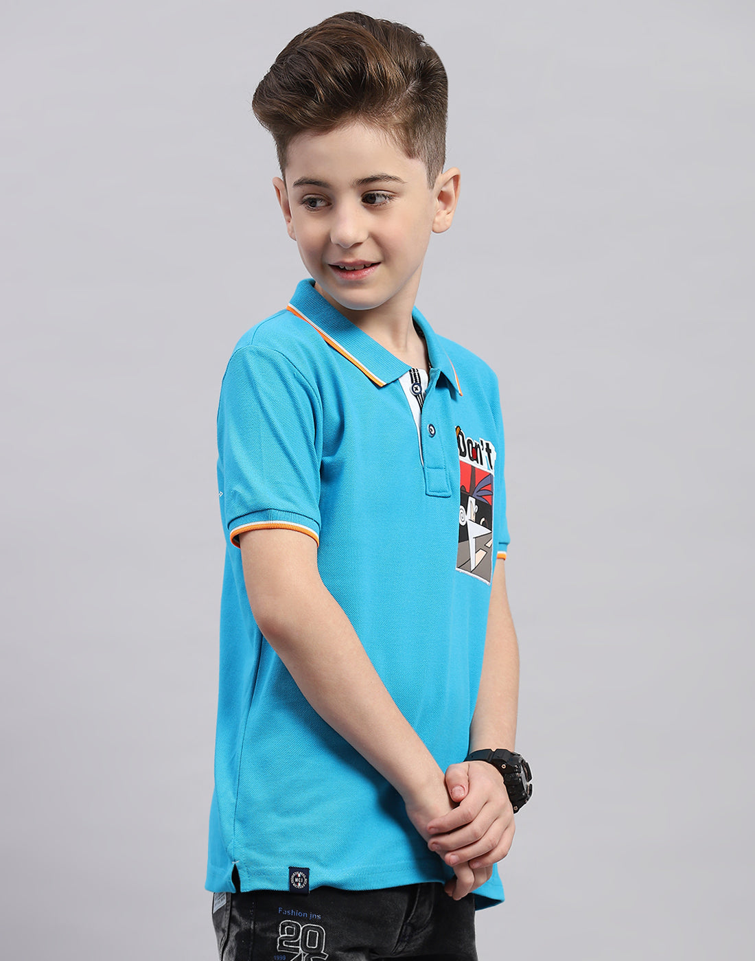 Boys Blue Printed Polo Collar Half Sleeve T-Shirt