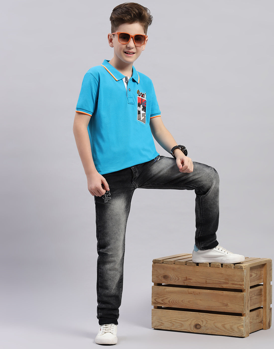 Boys Blue Printed Polo Collar Half Sleeve T-Shirt