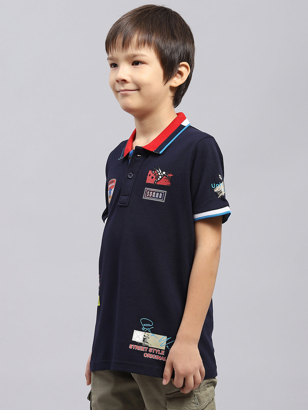 Boys Navy Blue Printed Collar Half Sleeve T-Shirt