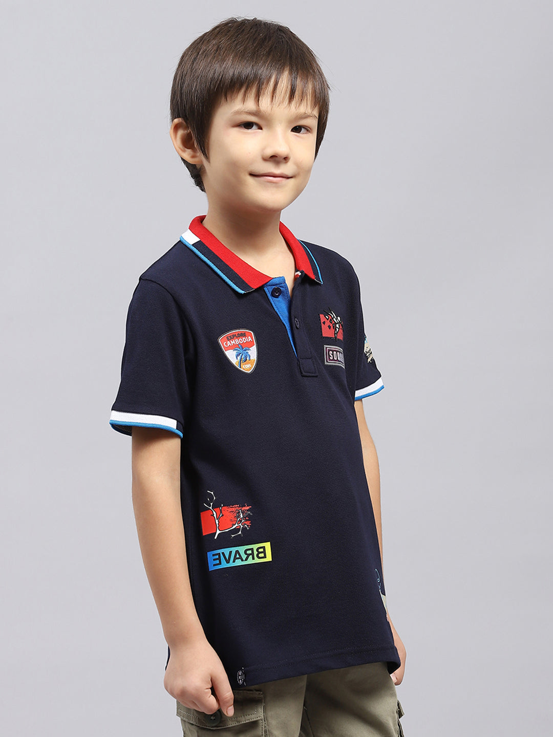 Boys Navy Blue Printed Collar Half Sleeve T-Shirt