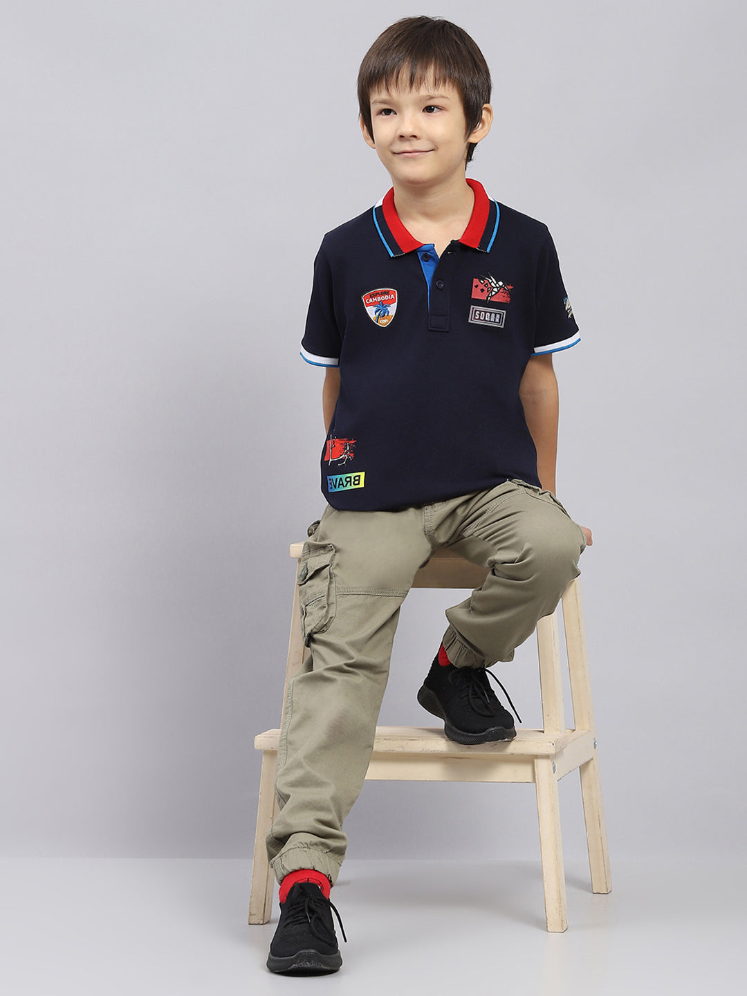 Boys Navy Blue Printed Collar Half Sleeve T-Shirt