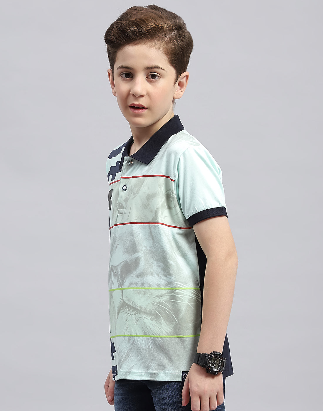 Boys Blue Printed Polo Collar Half Sleeve T-Shirt