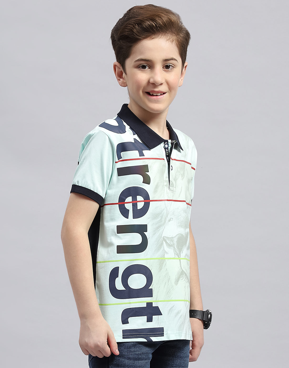 Boys Blue Printed Polo Collar Half Sleeve T-Shirt