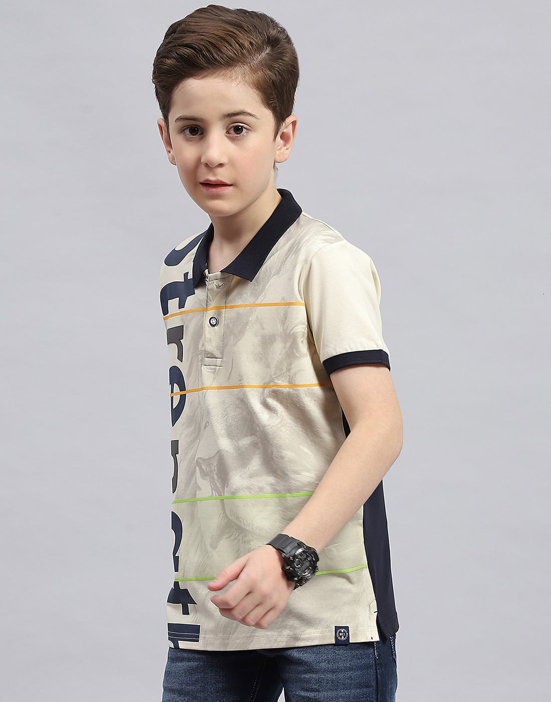 Boys Cream Printed Polo Collar Half Sleeve T-Shirt