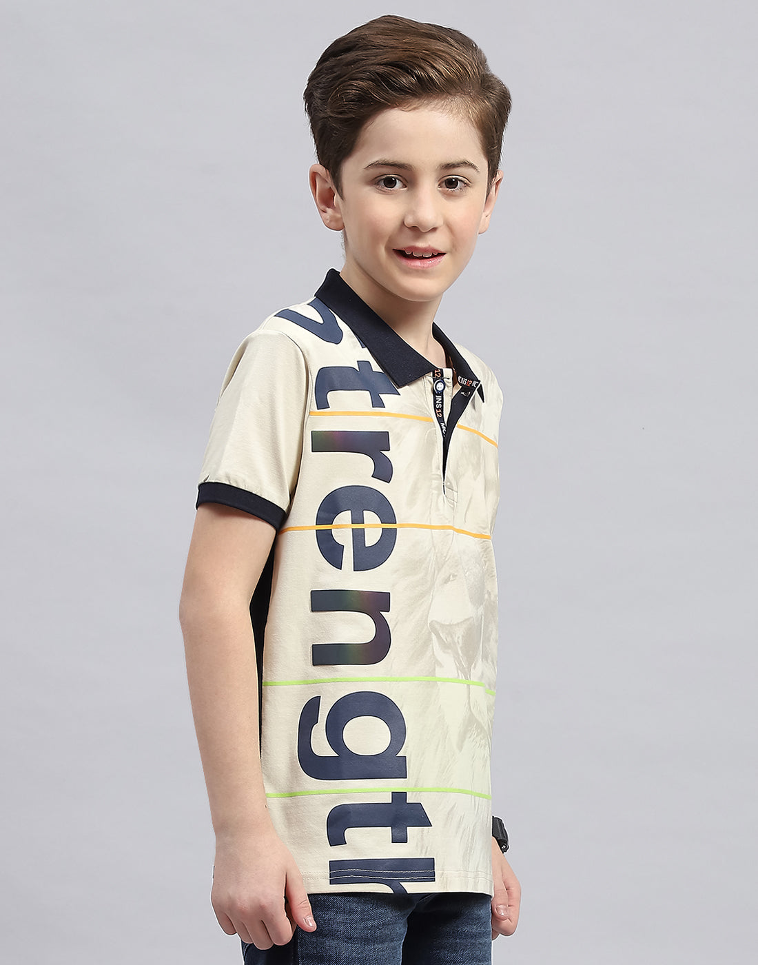 Boys Cream Printed Polo Collar Half Sleeve T-Shirt