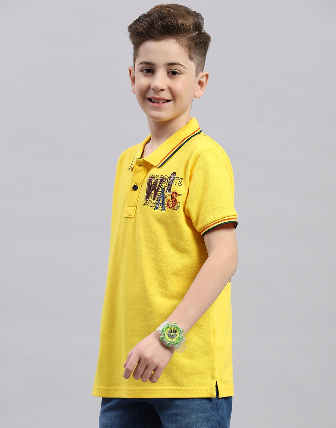 Boys Yellow Printed Polo Collar Half Sleeve T-Shirt