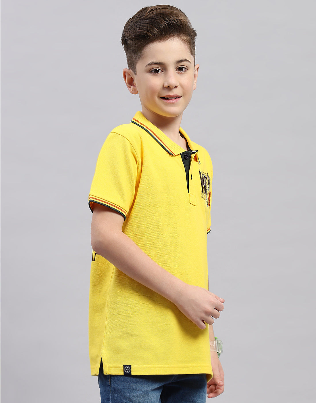 Boys Yellow Printed Polo Collar Half Sleeve T-Shirt