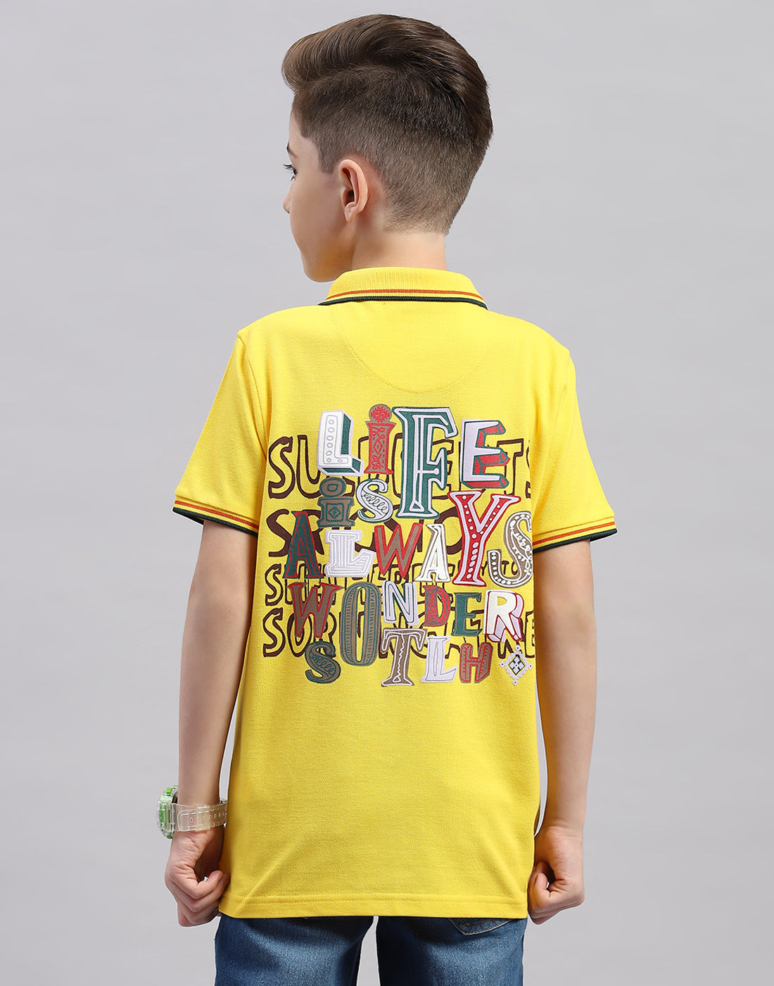 Boys Yellow Printed Polo Collar Half Sleeve T-Shirt