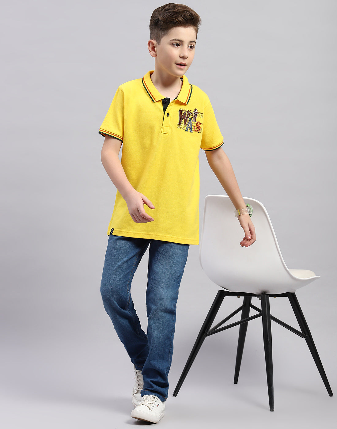 Boys Yellow Printed Polo Collar Half Sleeve T-Shirt