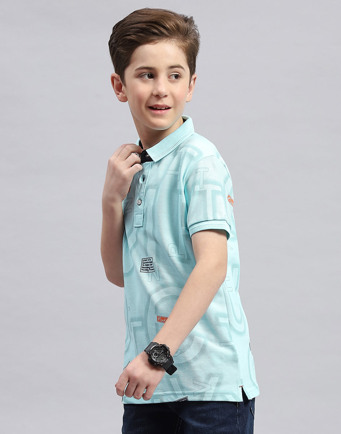 Boys Aqua Blue Printed Polo Collar Half Sleeve T-Shirt