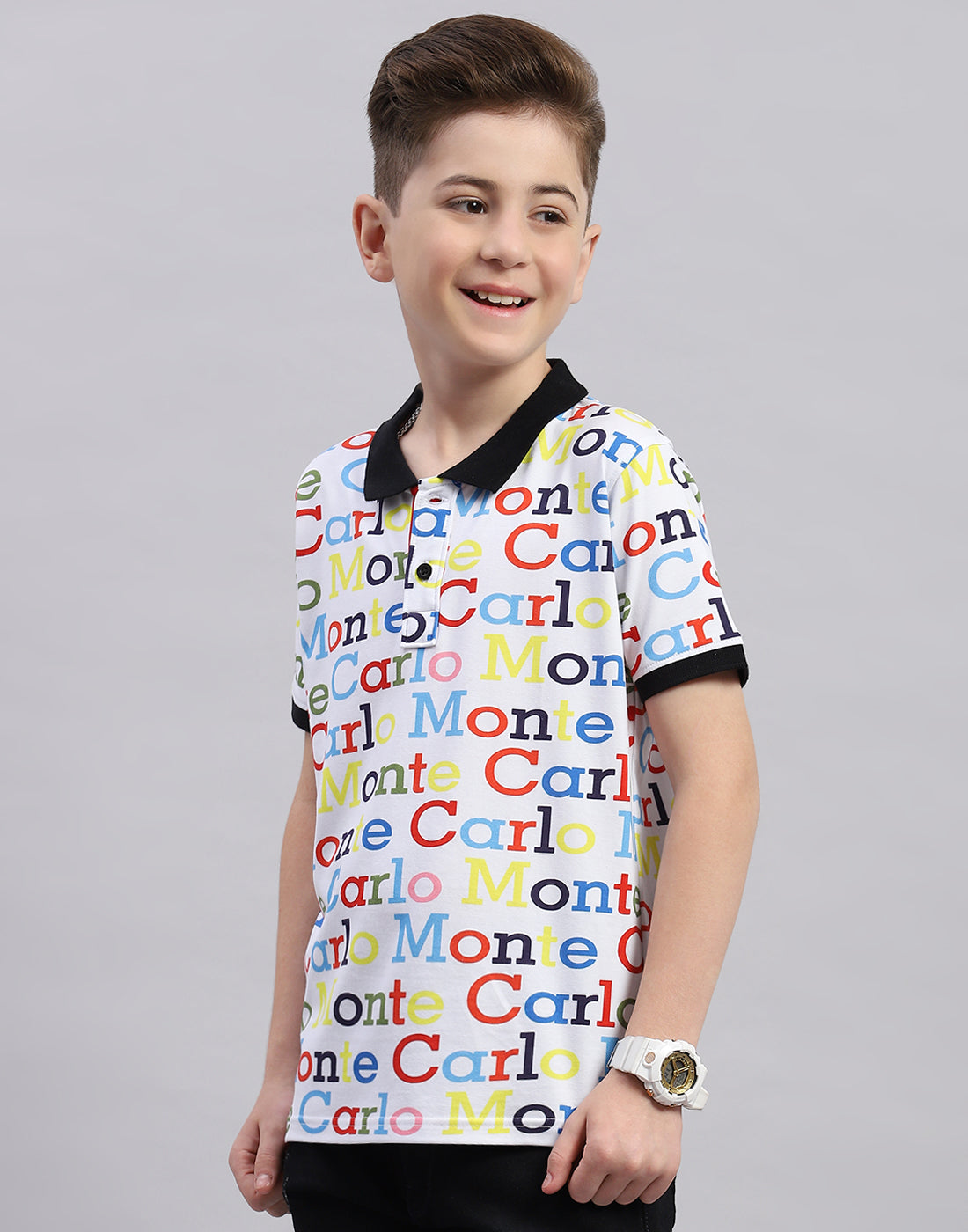 Boys White Printed Polo Collar Half Sleeve T-Shirt