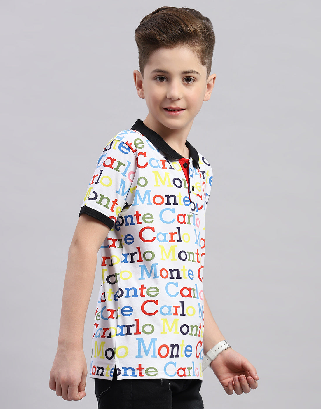 Boys White Printed Polo Collar Half Sleeve T-Shirt