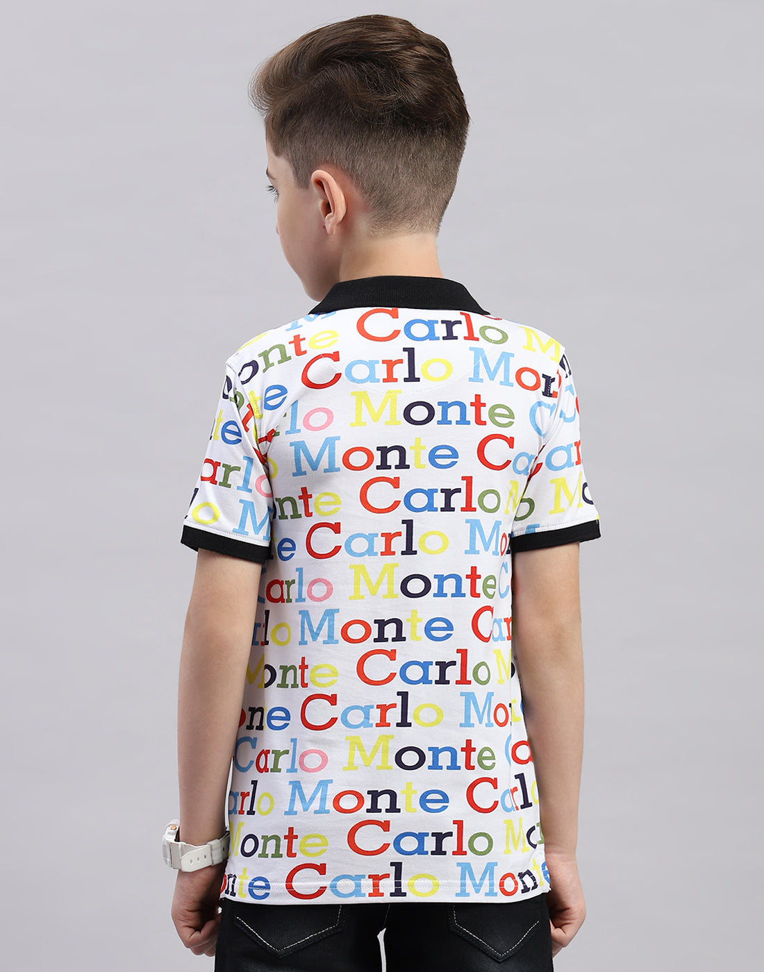 Boys White Printed Polo Collar Half Sleeve T-Shirt