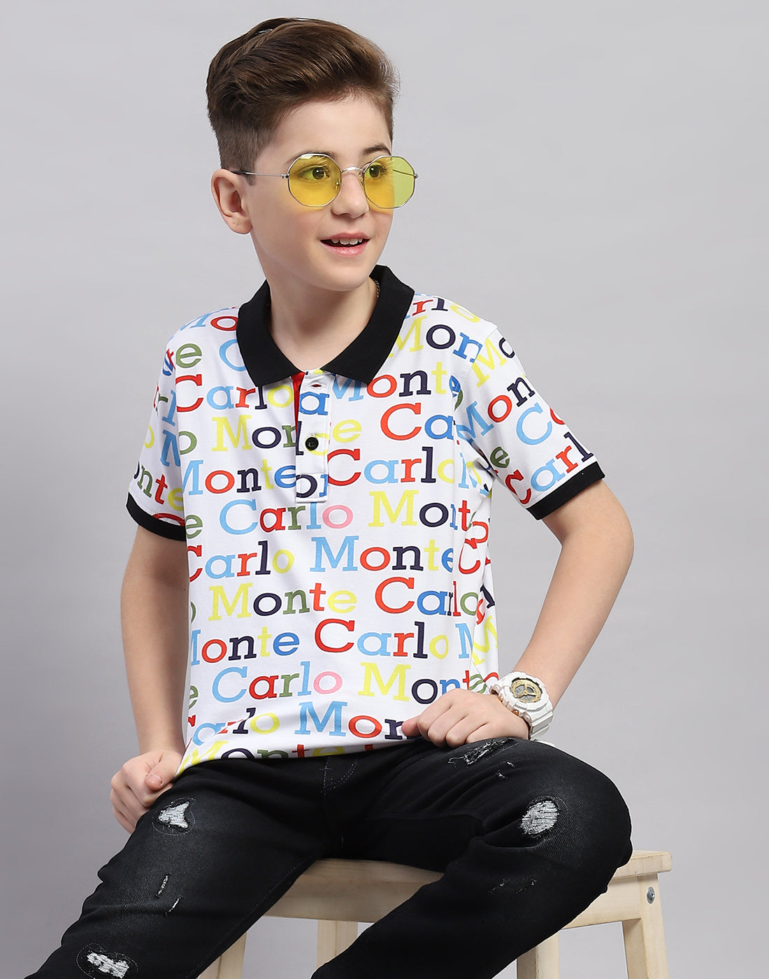 Boys White Printed Polo Collar Half Sleeve T-Shirt