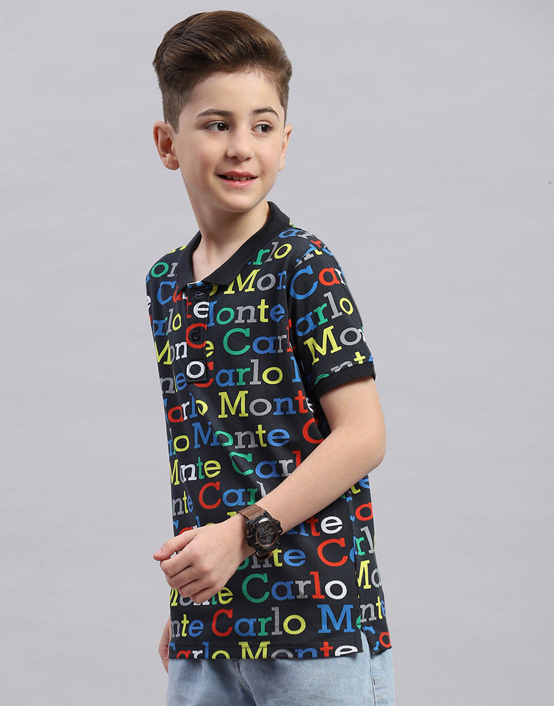 Boys Black Printed Polo Collar Half Sleeve T-Shirt