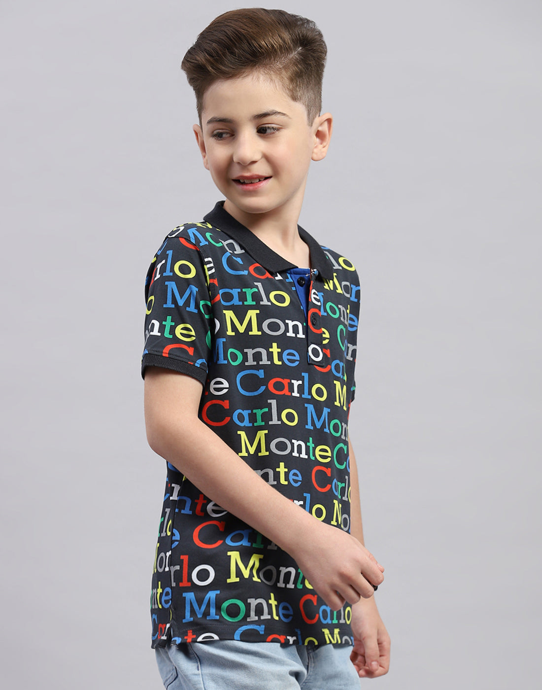 Boys Black Printed Polo Collar Half Sleeve T-Shirt