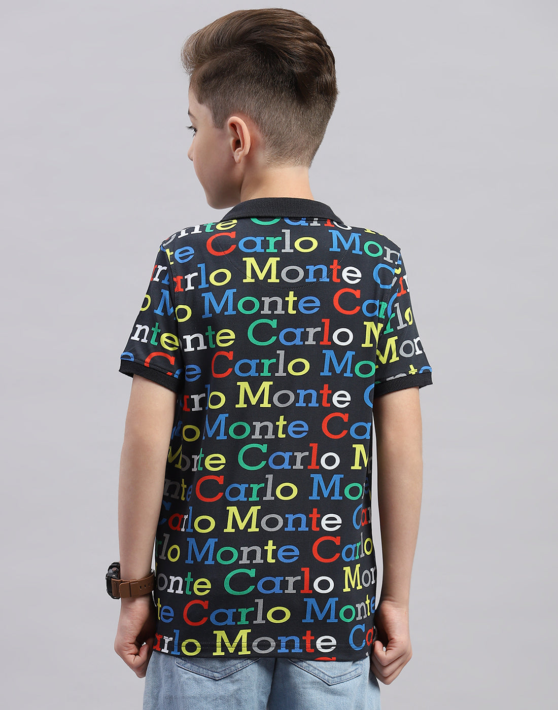 Boys Black Printed Polo Collar Half Sleeve T-Shirt