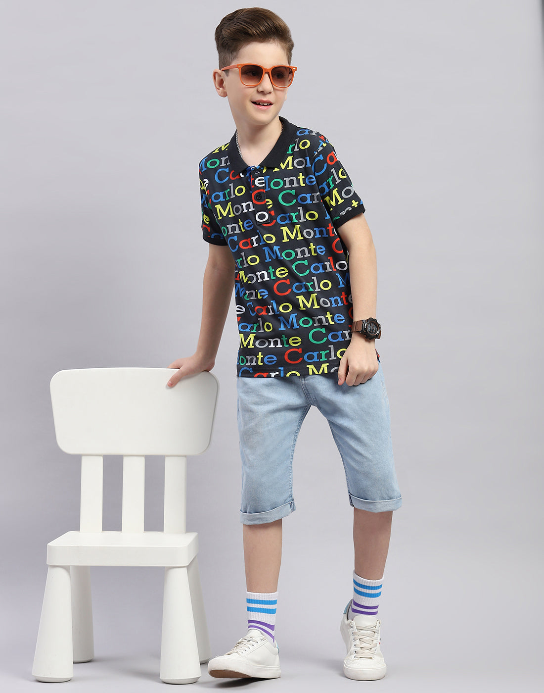 Boys Black Printed Polo Collar Half Sleeve T-Shirt