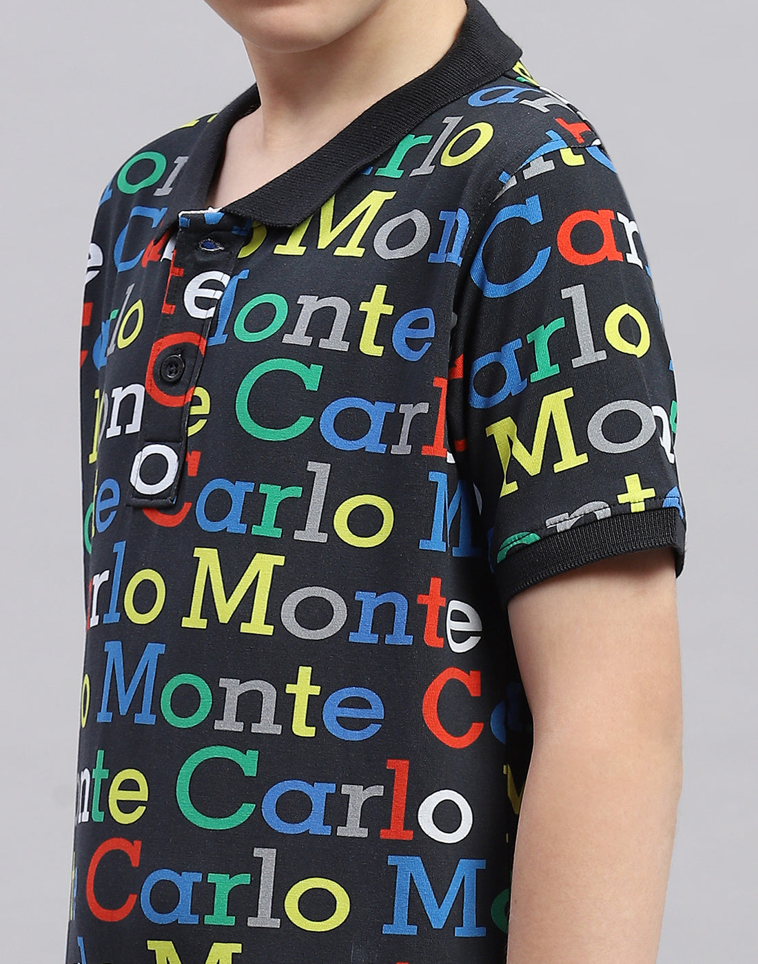 Boys Black Printed Polo Collar Half Sleeve T-Shirt