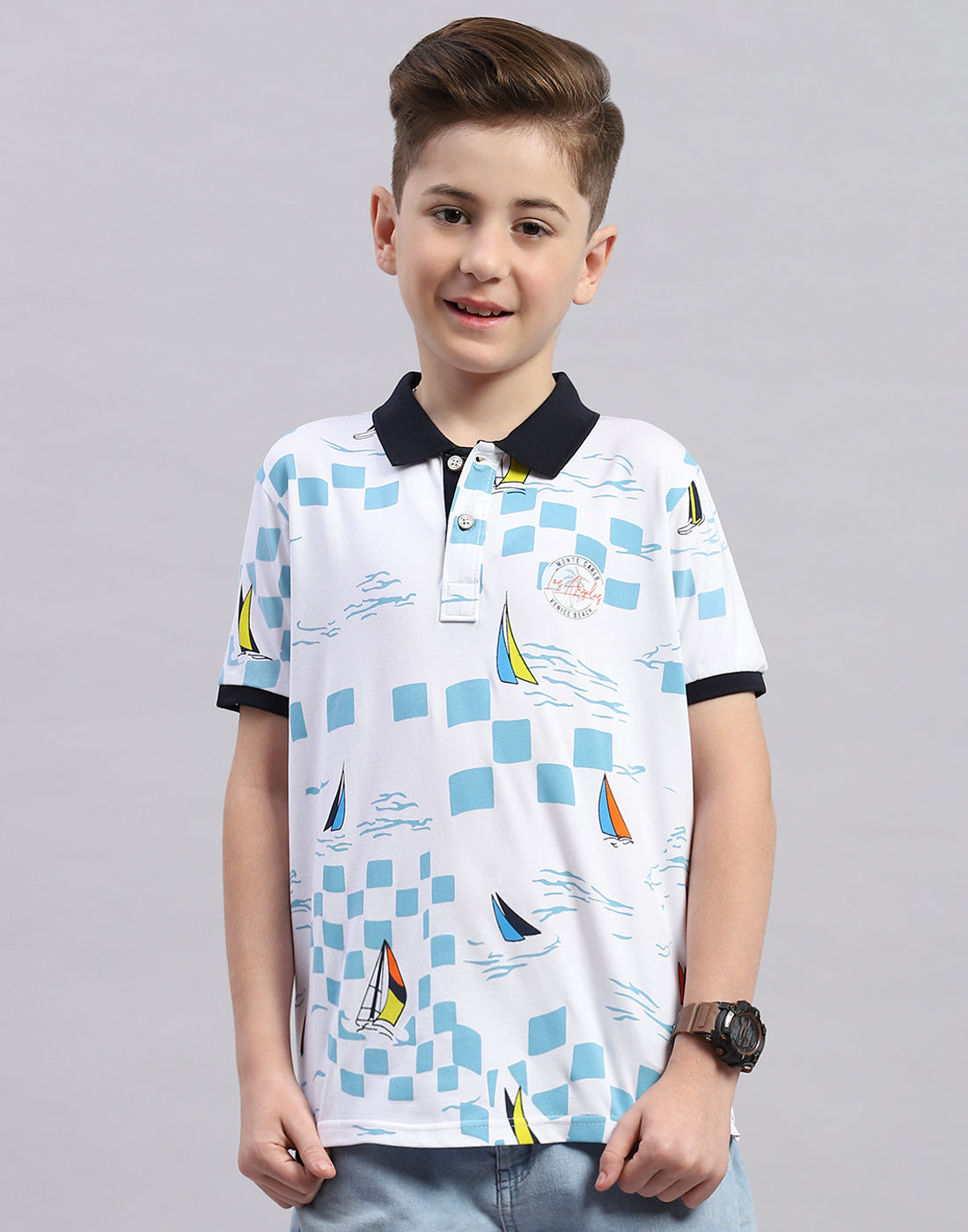 Boys White Printed Polo Collar Half Sleeve T-Shirt