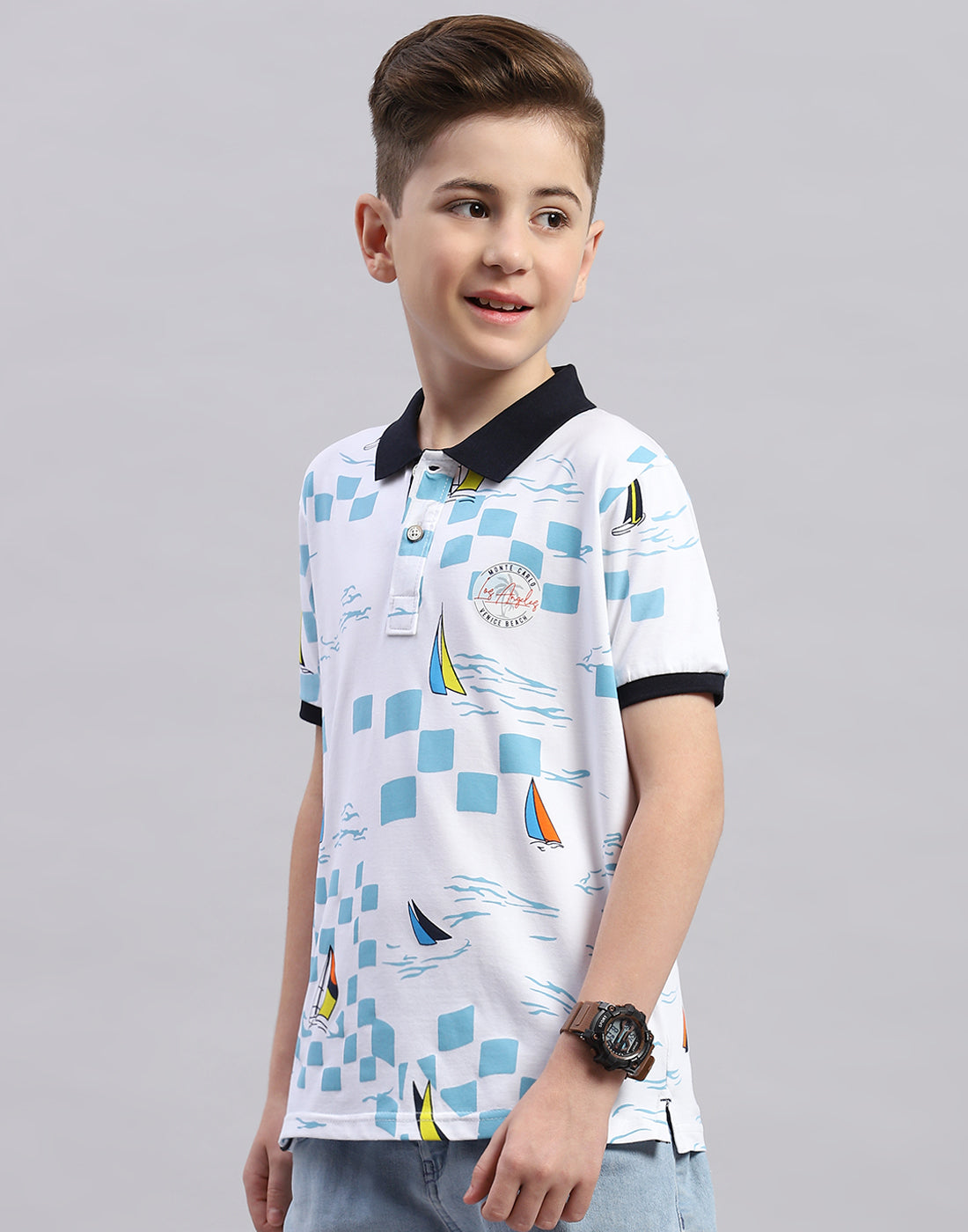 Boys White Printed Polo Collar Half Sleeve T-Shirt