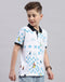 Boys White Printed Polo Collar Half Sleeve T-Shirt