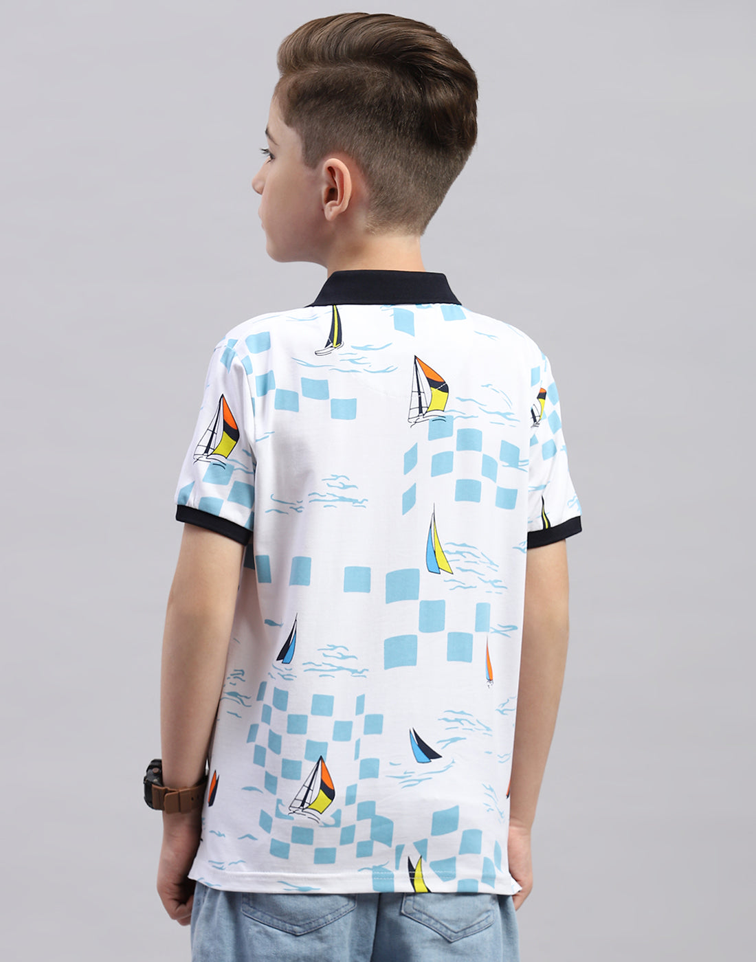 Boys White Printed Polo Collar Half Sleeve T-Shirt