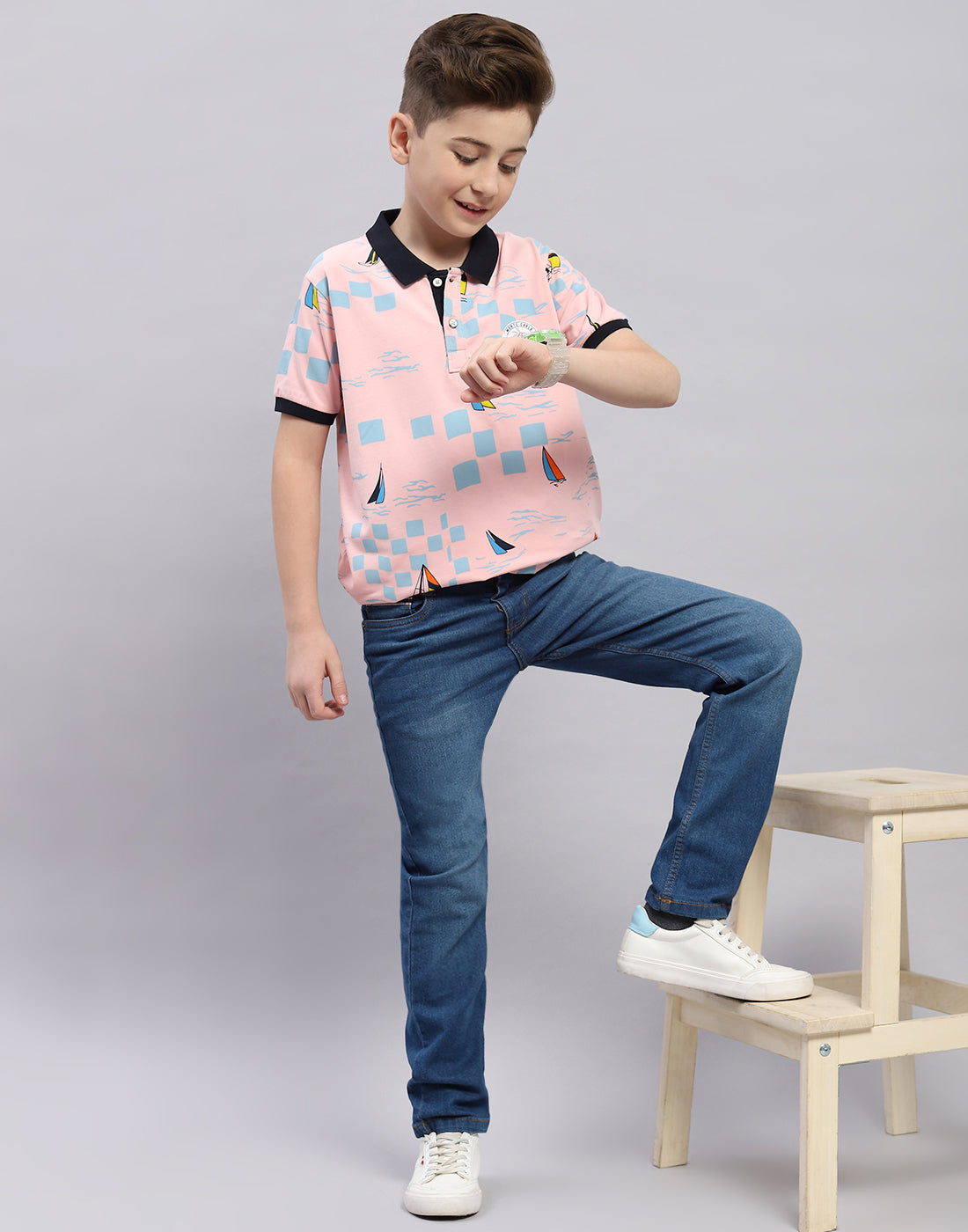 Boys Pink Printed Polo Collar Half Sleeve T-Shirt