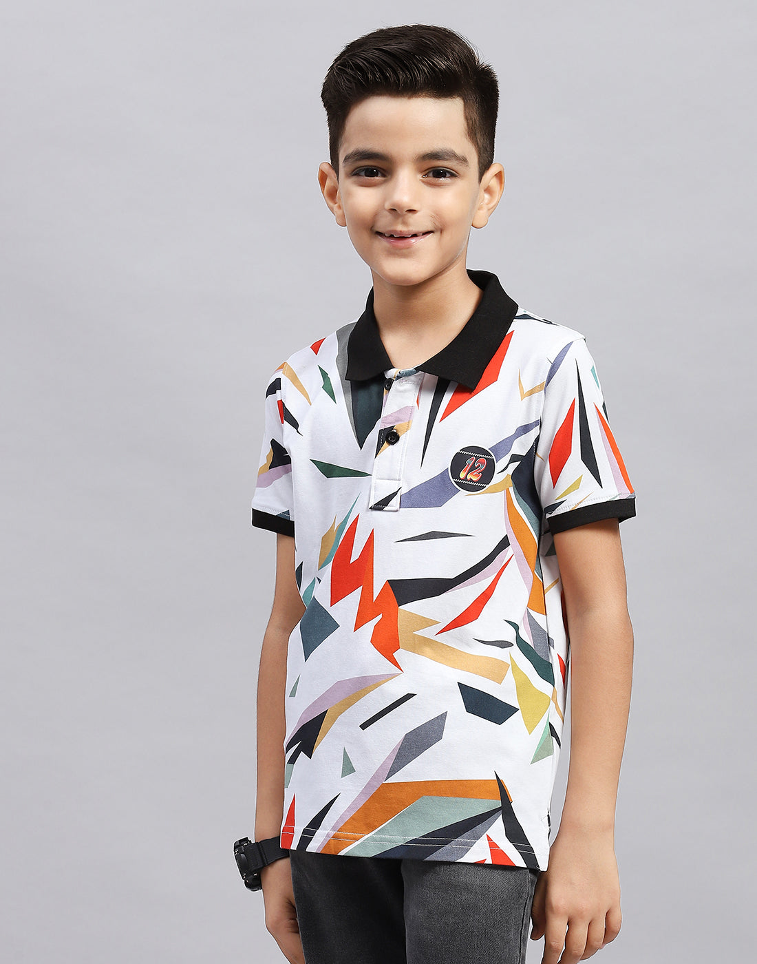 Boys Black & White Printed Polo Collar Half Sleeve T-Shirt