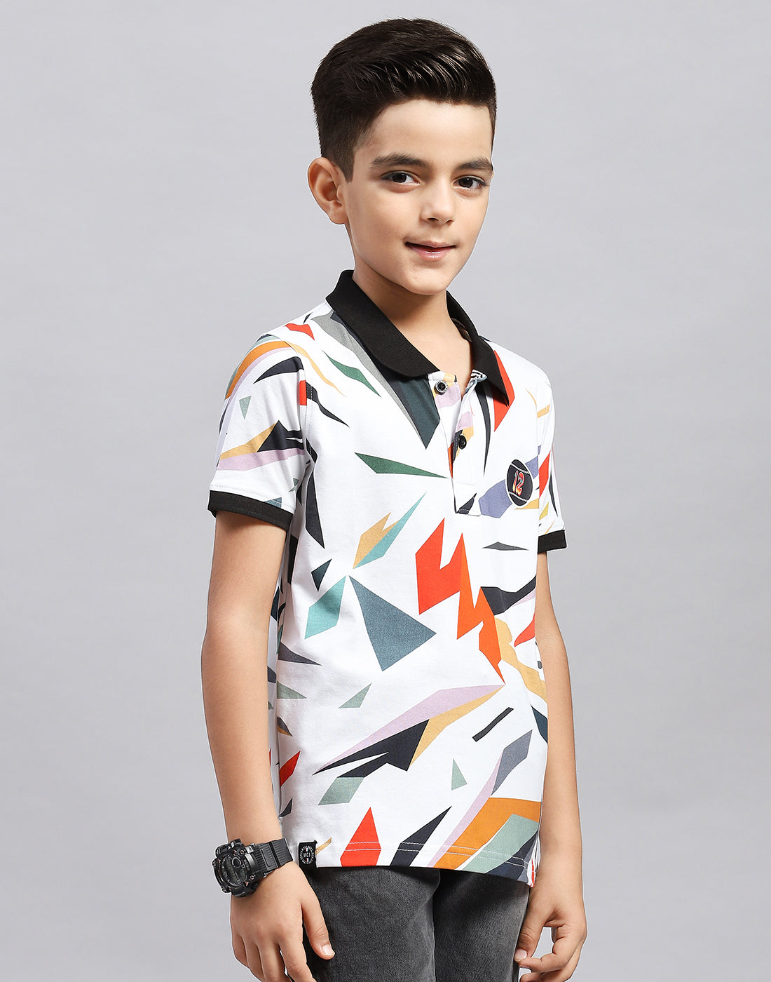 Boys Black & White Printed Polo Collar Half Sleeve T-Shirt